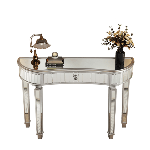 Mesa consola meia-lua 120 cm - Luxo, espelho canelado, gaveta com puxador de vidro - CinzaPrata Mesa consola meia-lua 120 cm - Luxo, espelho canelado, gaveta com puxador de vidro - CinzaPrata