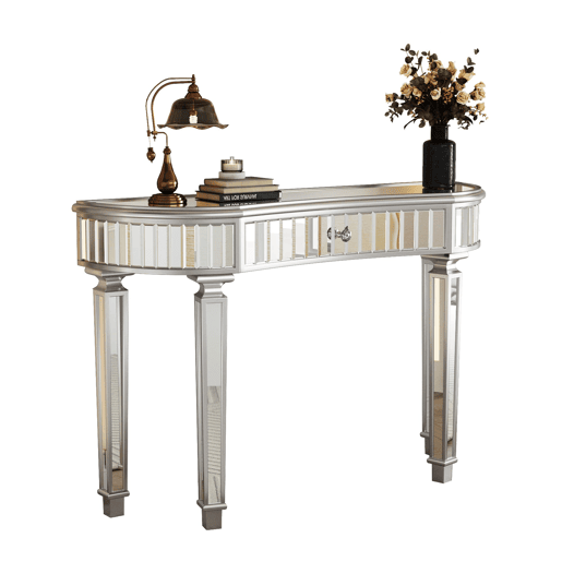 Mesa consola meia-lua 120 cm - Luxo, espelho canelado, gaveta com puxador de vidro - CinzaPrata Mesa consola meia-lua 120 cm - Luxo, espelho canelado, gaveta com puxador de vidro - CinzaPrata