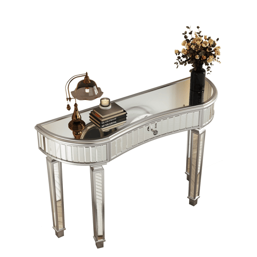 Mesa consola meia-lua 120 cm - Luxo, espelho canelado, gaveta com puxador de vidro - CinzaPrata Mesa consola meia-lua 120 cm - Luxo, espelho canelado, gaveta com puxador de vidro - CinzaPrata