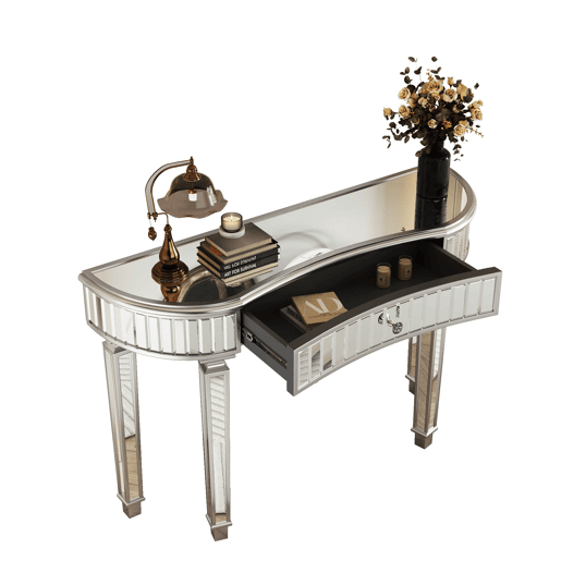 Mesa consola meia-lua 120 cm - Luxo, espelho canelado, gaveta com puxador de vidro - CinzaPrata Mesa consola meia-lua 120 cm - Luxo, espelho canelado, gaveta com puxador de vidro - CinzaPrata