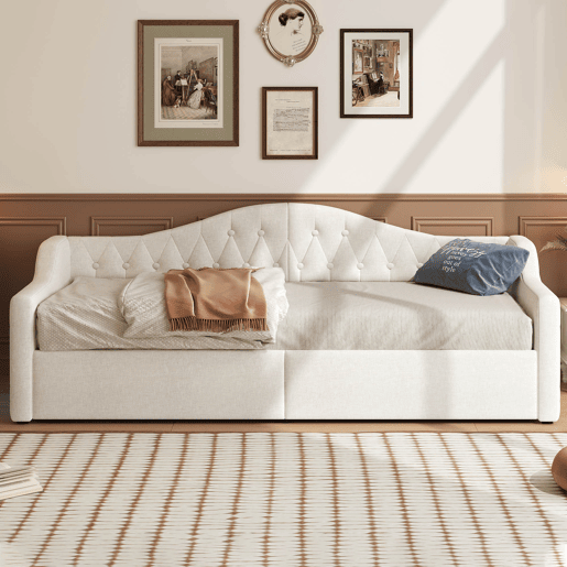 Cama de dia 90x200 - estofada com LED e espaço de armazenamento - Bege