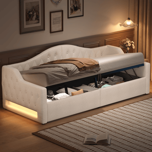 Cama de dia 90x200 - estofada com LED e espaço de armazenamento - Bege