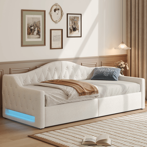 Cama de dia 90x200 - estofada com LED e espaço de armazenamento - Bege