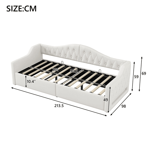 Cama de dia 90x200 - estofada com LED e espaço de armazenamento - Bege