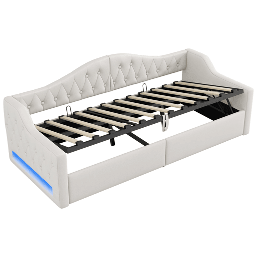 Cama de dia 90x200 - estofada com LED e espaço de armazenamento - Bege
