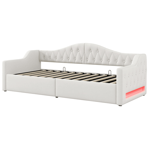 Cama de dia 90x200 - estofada com LED e espaço de armazenamento - Bege