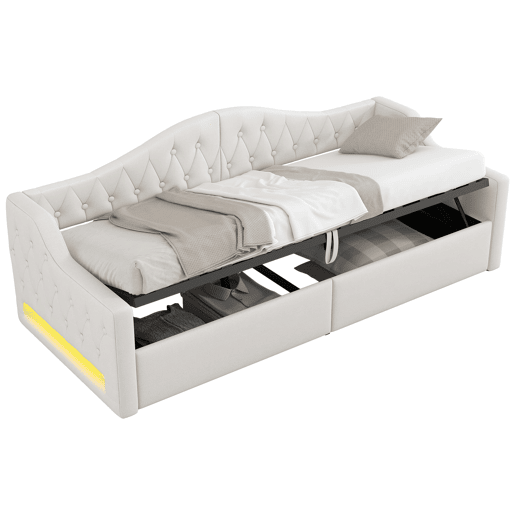 Cama de dia 90x200 - estofada com LED e espaço de armazenamento - Bege