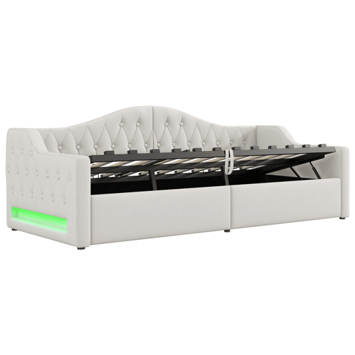 Cama de dia 90x200 - estofada com LED e espaço de armazenamento - Bege