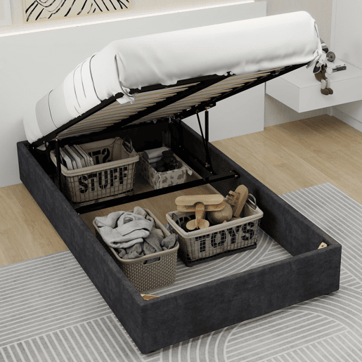 Cama moderna 90x200 - Estilo simples, elevador a gás, veludo holandês - Cinza