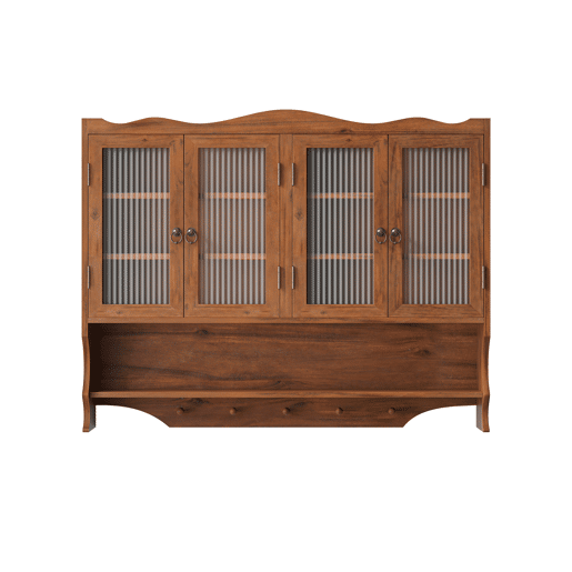 Armário de parede retro 100 cm - 4 portas, 2 níveis de armazenamento e gancho aberto - Castanho Armário de parede retro 100 cm - 4 portas, 2 níveis de armazenamento e gancho aberto - Castanho