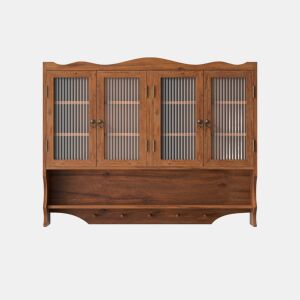 Armário de parede retro 100 cm - 4 portas, 2 níveis de armazenamento e gancho aberto - Castanho