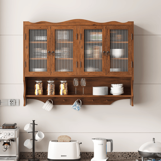 Armário de parede retro 100 cm - 4 portas, 2 níveis de armazenamento e gancho aberto - Castanho Armário de parede retro 100 cm - 4 portas, 2 níveis de armazenamento e gancho aberto - Castanho