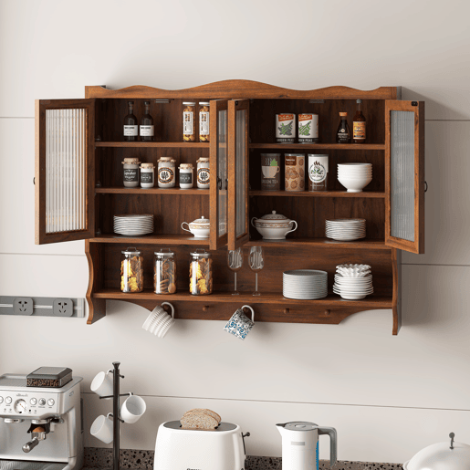 Armário de parede retro 100 cm - 4 portas, 2 níveis de armazenamento e gancho aberto - Castanho Armário de parede retro 100 cm - 4 portas, 2 níveis de armazenamento e gancho aberto - Castanho