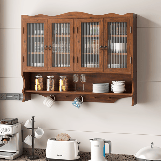 Armário de parede retro 100 cm - 4 portas, 2 níveis de armazenamento e gancho aberto - Castanho Armário de parede retro 100 cm - 4 portas, 2 níveis de armazenamento e gancho aberto - Castanho