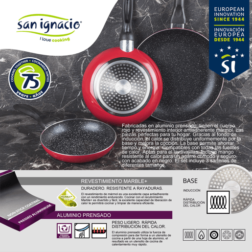 Set de frigideiras San Ignacio de 3 peças + tábua de corte