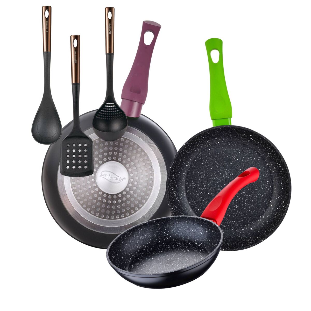 Juego de 3 sartenes san ignacio 18/22/26 cm+ set de 3 utensilios de cocina de pbt negro y cobre