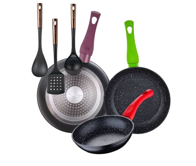 Juego de 3 sartenes san ignacio 18/22/26 cm+ set de 3 utensilios de cocina de pbt negro y cobre
