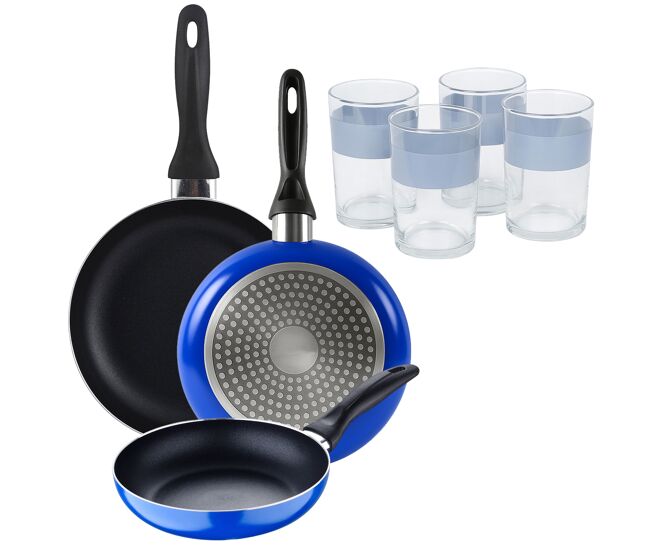 Set 3 sartenes san ignacio (16+20+24cm) aluminio prensado ind azul+juego de 4 vasos de 0,5l