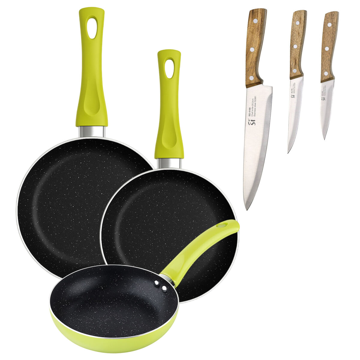 Set 3 sartenes san ignacio (20+24+28cm) aluminio prensado verde+set de 3 cuchillos de acero inoxidable para cocina