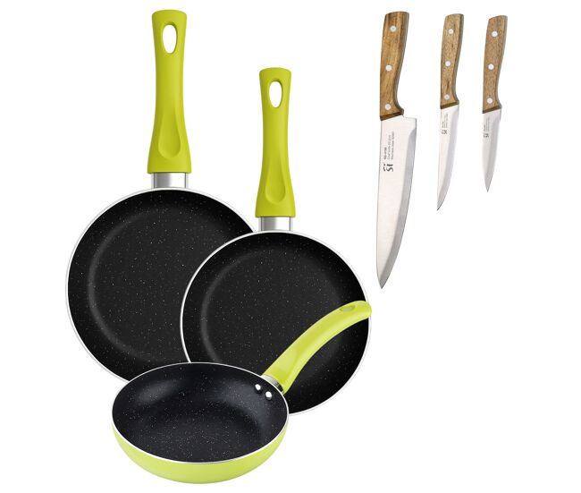 Set 3 sartenes san ignacio (20+24+28cm) aluminio prensado verde+set de 3 cuchillos de acero inoxidable para cocina
