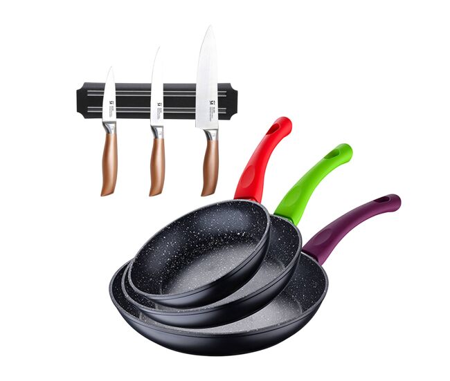 Juego de 3 sartenes san ignacio 18/22/26 cm+set de 3 cuchillos en acero inoxidable con soporte magnético de pared