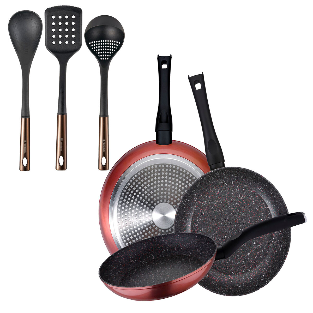 Set de 3 sartenes san ignacio aluminio forjado, aptas inducción+ set de 3 utensilios de cocina de pbt negro y cobre