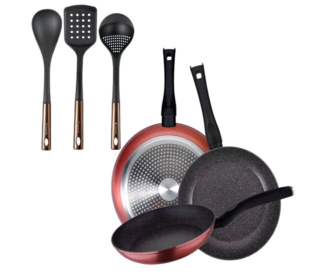 Set de 3 sartenes san ignacio aluminio forjado, aptas inducción+ set de 3 utensilios de cocina de pbt negro y cobre