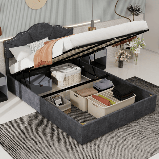 Cama estofada 160x200 - cabeceira macia e confortável, armazenamento alto com pistão - cinza