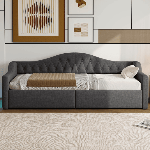 Cama de dia 90x200 - Estofada com LED e arrumação - Cinza