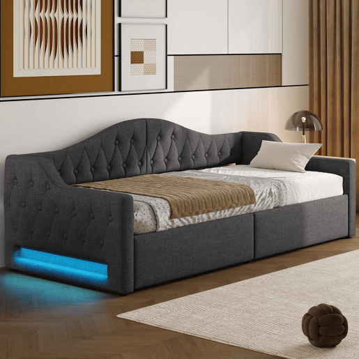 Cama de dia 90x200 - Estofada com LED e arrumação - Cinza
