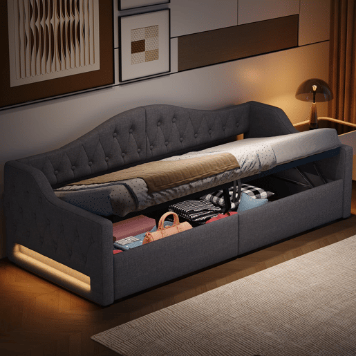 Cama de dia 90x200 - Estofada com LED e arrumação - Cinza
