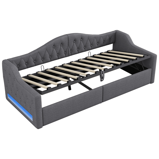 Cama de dia 90x200 - Estofada com LED e arrumação - Cinza