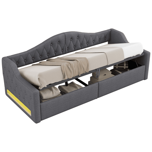 Cama de dia 90x200 - Estofada com LED e arrumação - Cinza