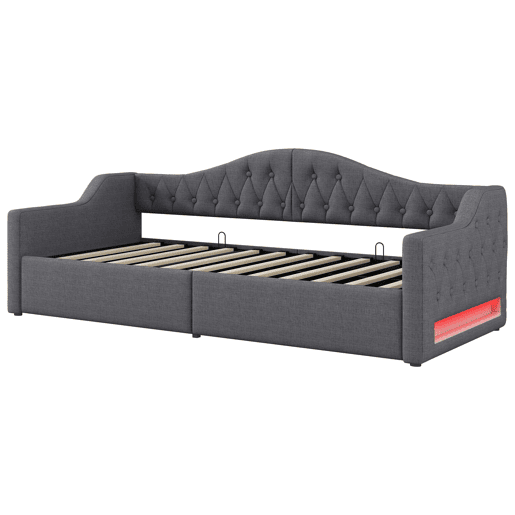 Cama de dia 90x200 - Estofada com LED e arrumação - Cinza