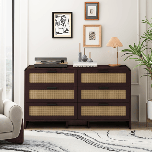 Móvel de canto 130 cm - 6 gavetas de armazenamento em rattan - Castanho avermelhado