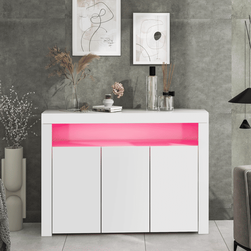 Aparador LED com 3 portas - Vitrina moderna com comando remoto - Branco Aparador LED com 3 portas - Vitrina moderna com comando remoto - Branco