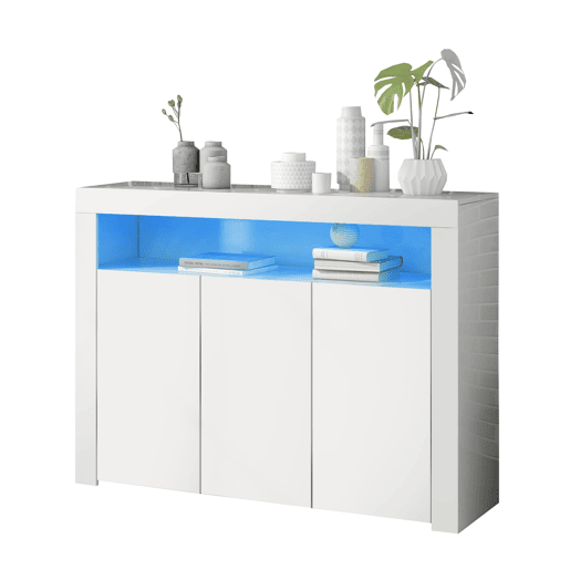 Aparador LED com 3 portas - Vitrina moderna com comando remoto - Branco Aparador LED com 3 portas - Vitrina moderna com comando remoto - Branco