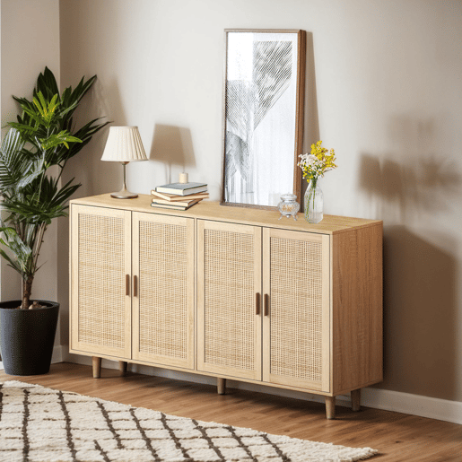 Armário decorativo com 4 portas + 158 cm - elegante e funcional - rattan natural