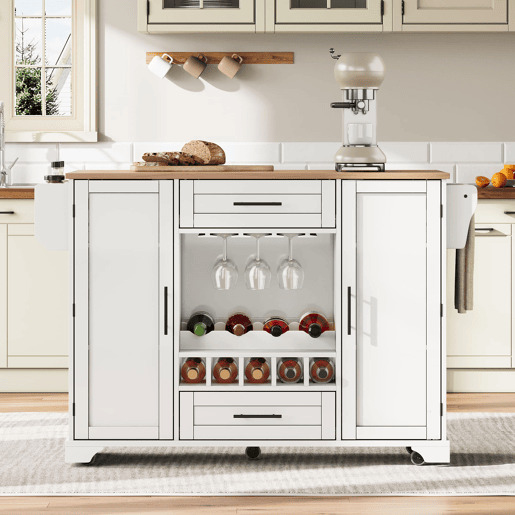 Carrinho de cozinha 120x4570x92 cm - com prateleira dobrável, vinoteca, suporte para copos, prateleira para especiarias e toalheiro - Branco+Natural