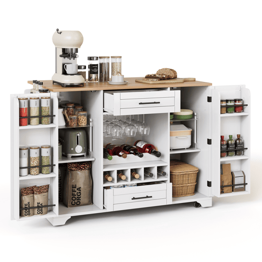 Carrinho de cozinha 120x4570x92 cm - com prateleira dobrável, vinoteca, suporte para copos, prateleira para especiarias e toalheiro - Branco+Natural