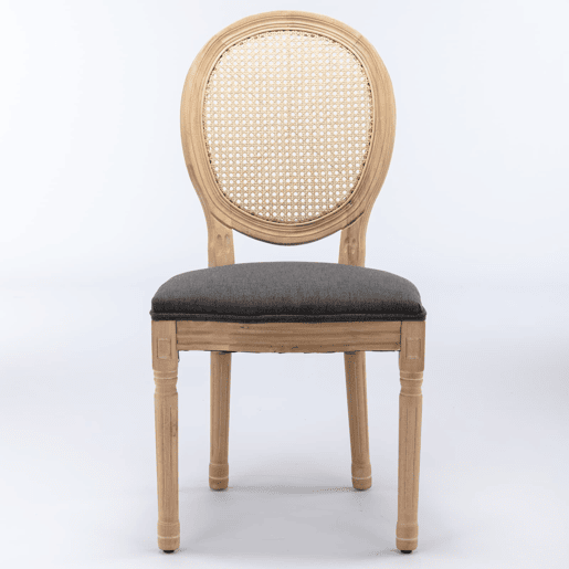 Cadeira de sala de jantar 2 unidades - Estilo francês, madeira maciça, encosto em rattan e linho - Cinza