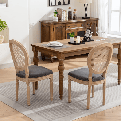 Cadeira de sala de jantar 2 unidades - Estilo francês, madeira maciça, encosto em rattan e linho - Cinza
