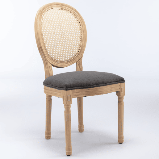 Cadeira de sala de jantar 2 unidades - Estilo francês, madeira maciça, encosto em rattan e linho - Cinza