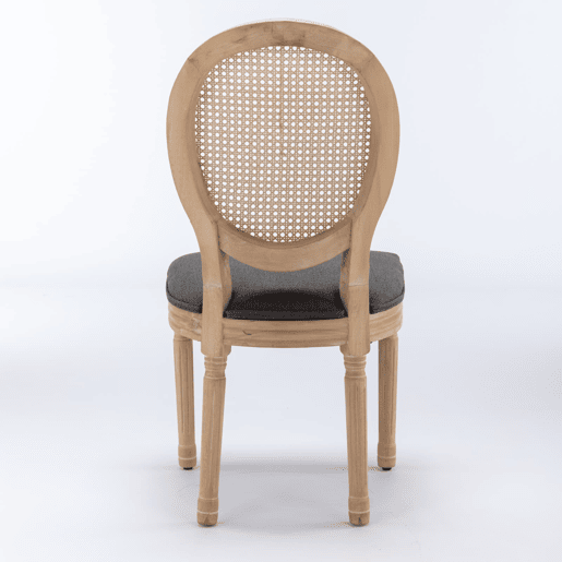 Cadeira de sala de jantar 2 unidades - Estilo francês, madeira maciça, encosto em rattan e linho - Cinza