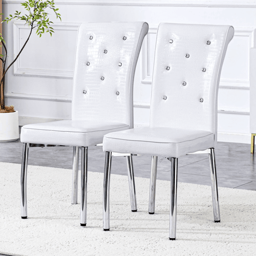 Cadeiras de sala de jantar 2 unidades - Estofamento retro em pele de crocodilo, fivela em cristal, pernas em metal - Branco