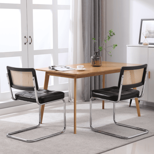 Cadeiras de sala de jantar 2 unidades - Rattan, encosto em malha, assento acolchoado, pernas cromadas - Preto