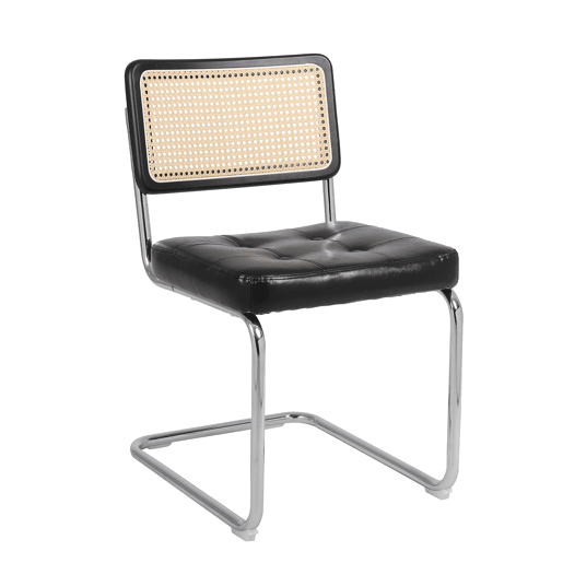 Cadeiras de sala de jantar 2 unidades - Rattan, encosto em malha, assento acolchoado, pernas cromadas - Preto