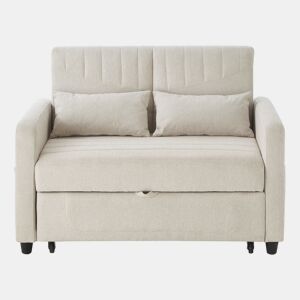 Sofá-cama de 2 lugares - design moderno, reclinável em 3 posições, algodão-linho - Bege