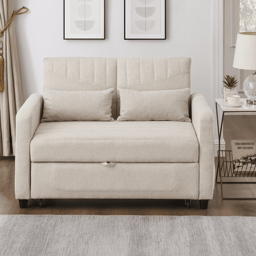 Sofá-cama de 2 lugares - design moderno, reclinável em 3 posições, algodão-linho - Bege