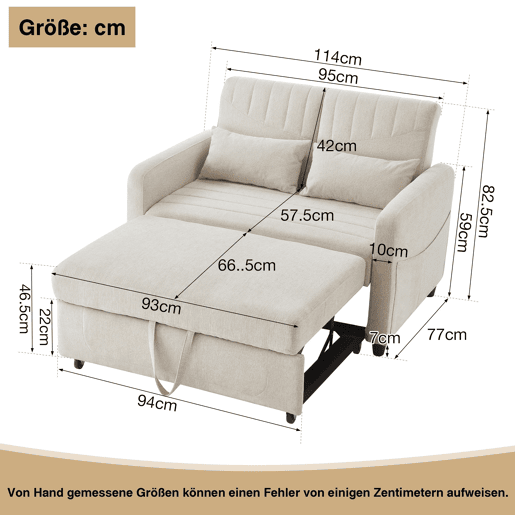 Sofá-cama de 2 lugares - design moderno, reclinável em 3 posições, algodão-linho - Bege